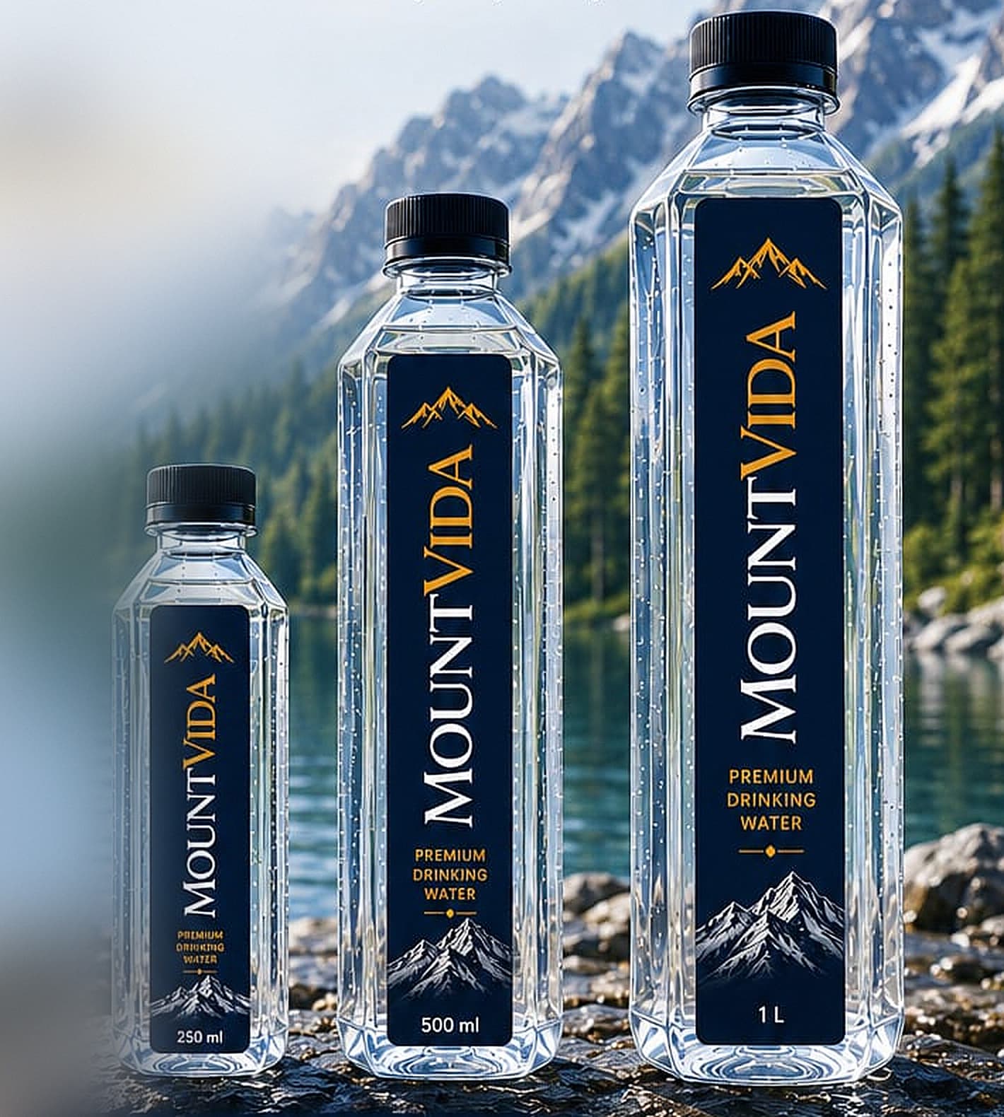 MOUNTVIDA premium drinking water in 250 ml, 500 ml and 1 litre bottles, photographed beside an alpine lake